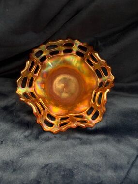 Fenton Iridescent Orange Carnival Glass Openwork Bowl